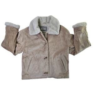 Vintage Laurice Tan Suede Leather Jacket Aviator Flight Faux Fur Coat Women's M